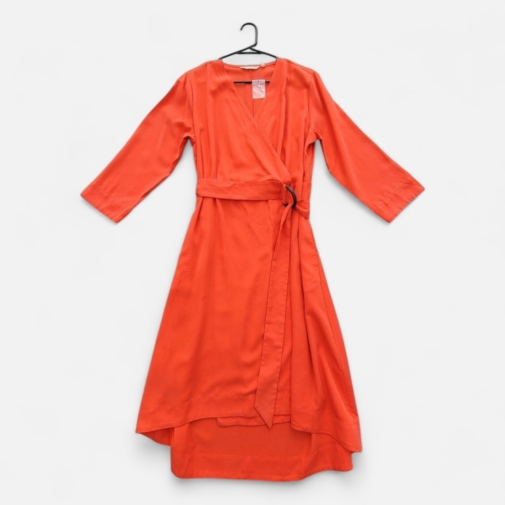 Soft Surroundings Traviata Wrap Dress Orange Midi Tie Waist Medium Casual New